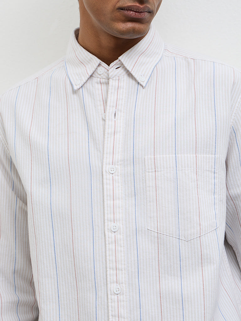 WES Casuals Light Beige Striped Relaxed-Fit Cotton Shirt
