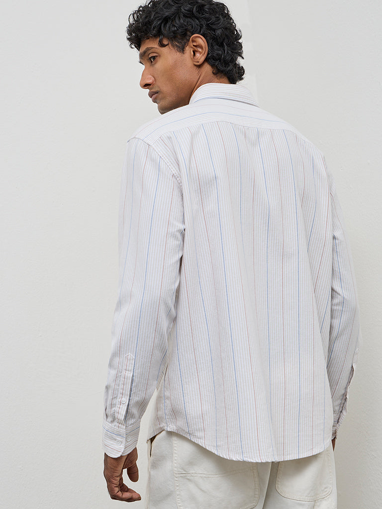 WES Casuals Light Beige Striped Relaxed-Fit Cotton Shirt