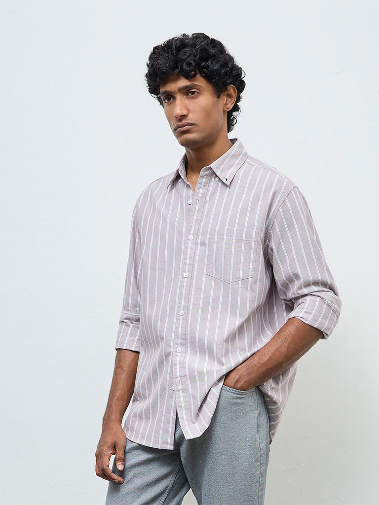 WES Casuals Dusty Pink Striped Relaxed-Fit Cotton Shirt