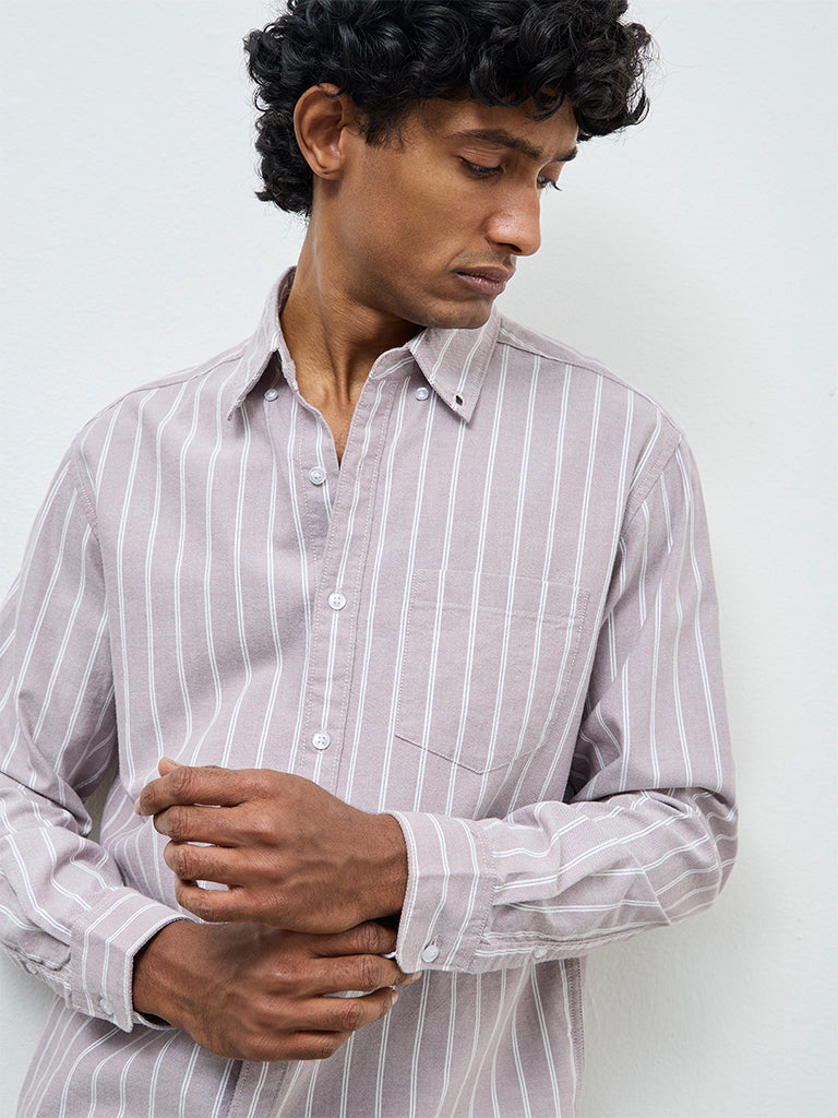 WES Casuals Dusty Pink Striped Relaxed-Fit Cotton Shirt