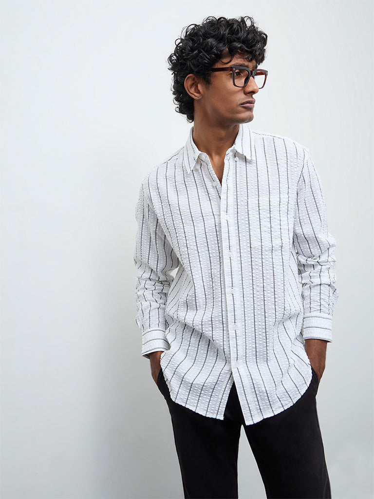 WES Casuals White Striped Relaxed Fit Cotton Shirt