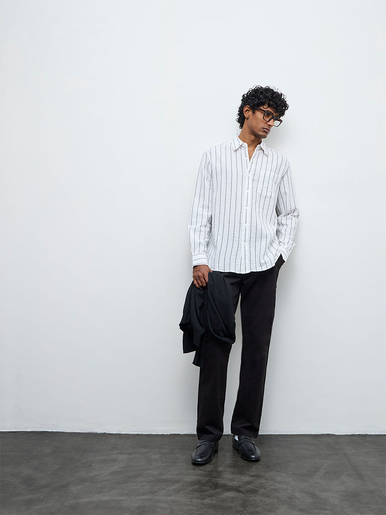 WES Casuals White Striped Relaxed Fit Cotton Shirt