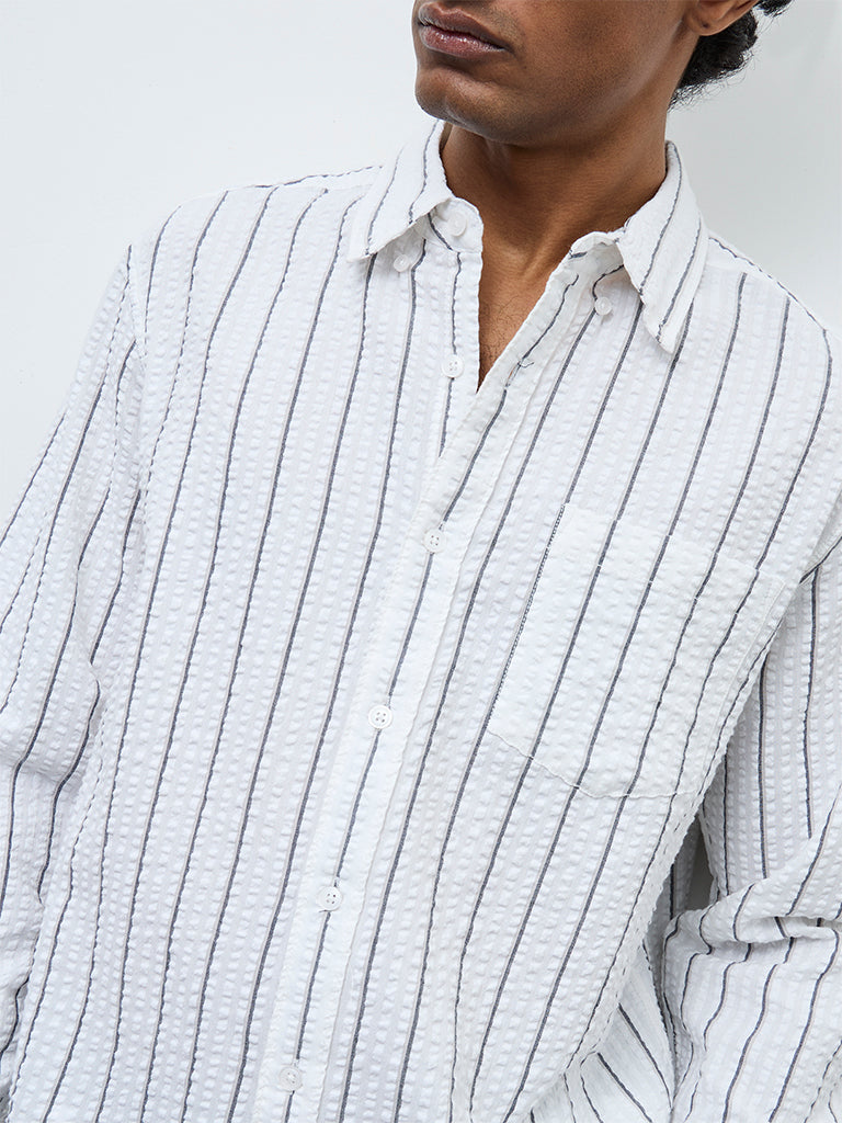 WES Casuals White Striped Relaxed Fit Cotton Shirt