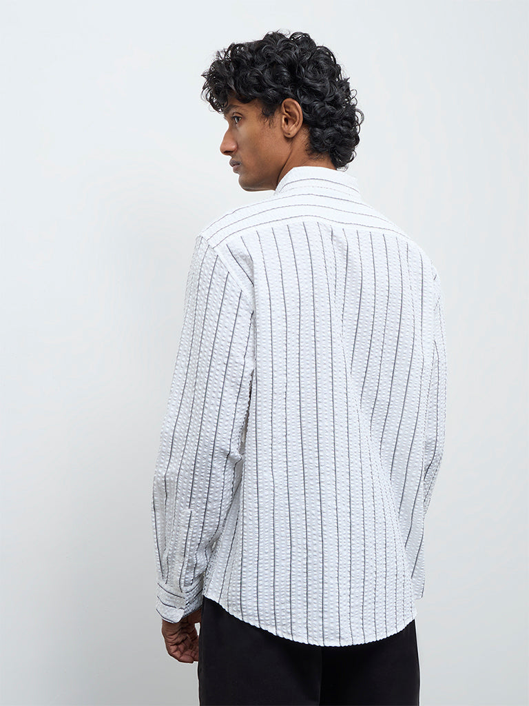 WES Casuals White Striped Relaxed Fit Cotton Shirt