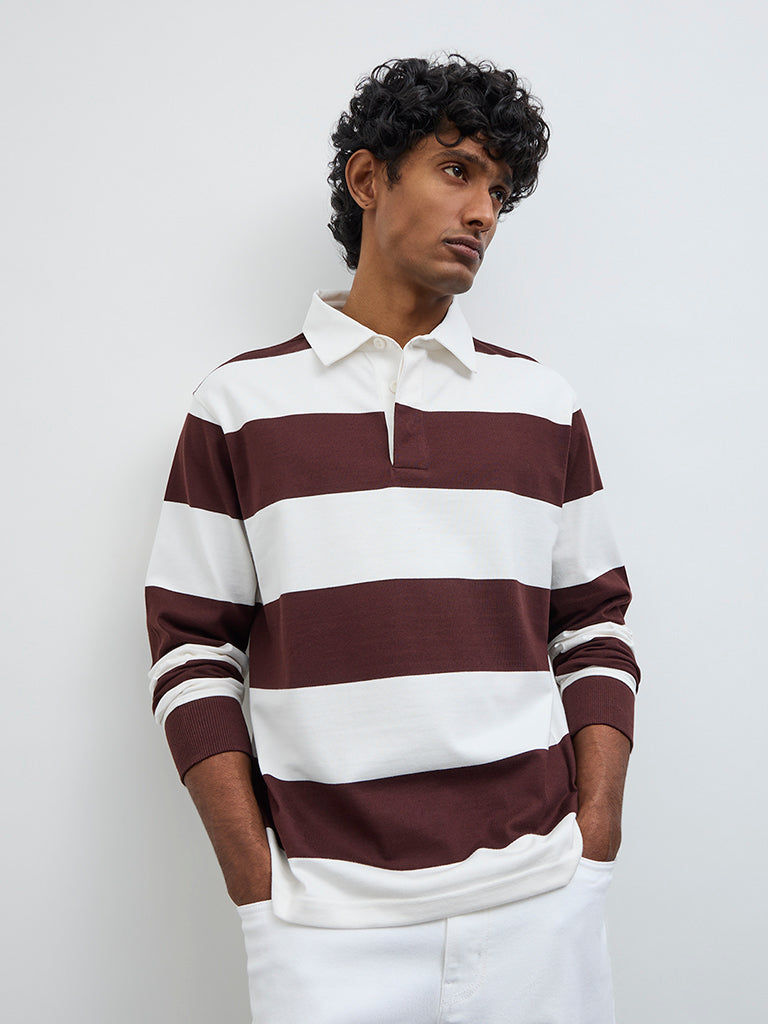 WES Casuals Brown Relaxed Fit Cotton-Blend Polo T-Shirt