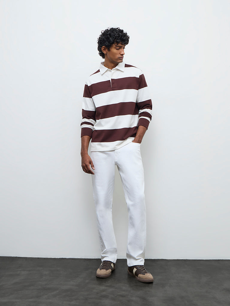 WES Casuals Brown Relaxed Fit Cotton-Blend Polo T-Shirt