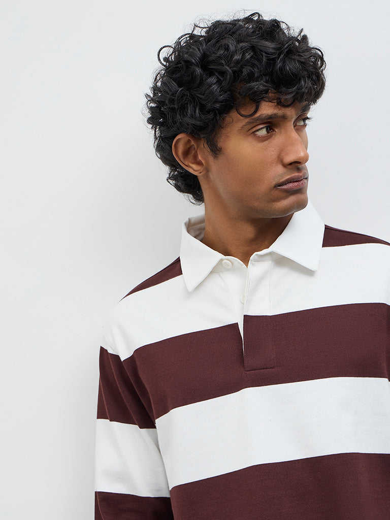 WES Casuals Brown Relaxed Fit Cotton-Blend Polo T-Shirt