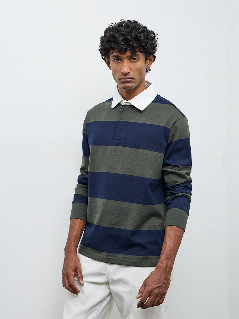WES Casuals Navy Relaxed Fit Cotton-Blend Polo T-Shirt