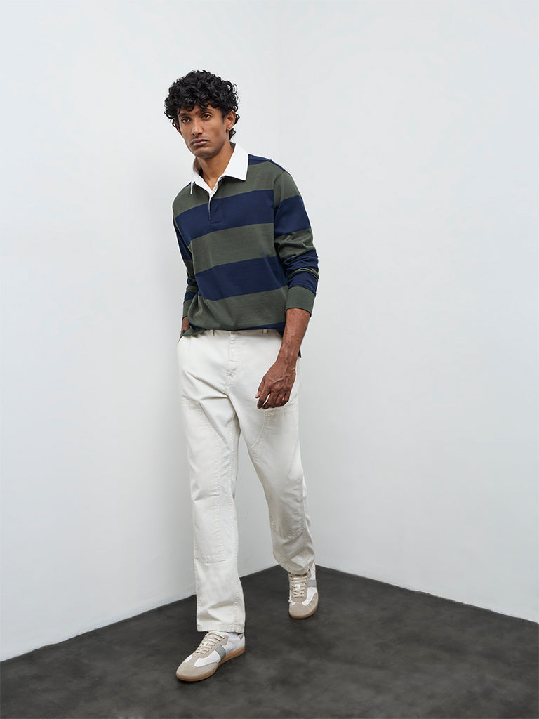WES Casuals Navy Relaxed Fit Cotton-Blend Polo T-Shirt