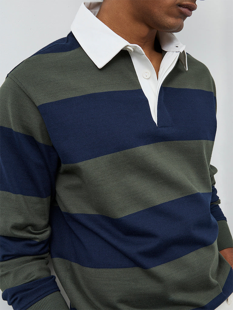 WES Casuals Navy Relaxed Fit Cotton-Blend Polo T-Shirt