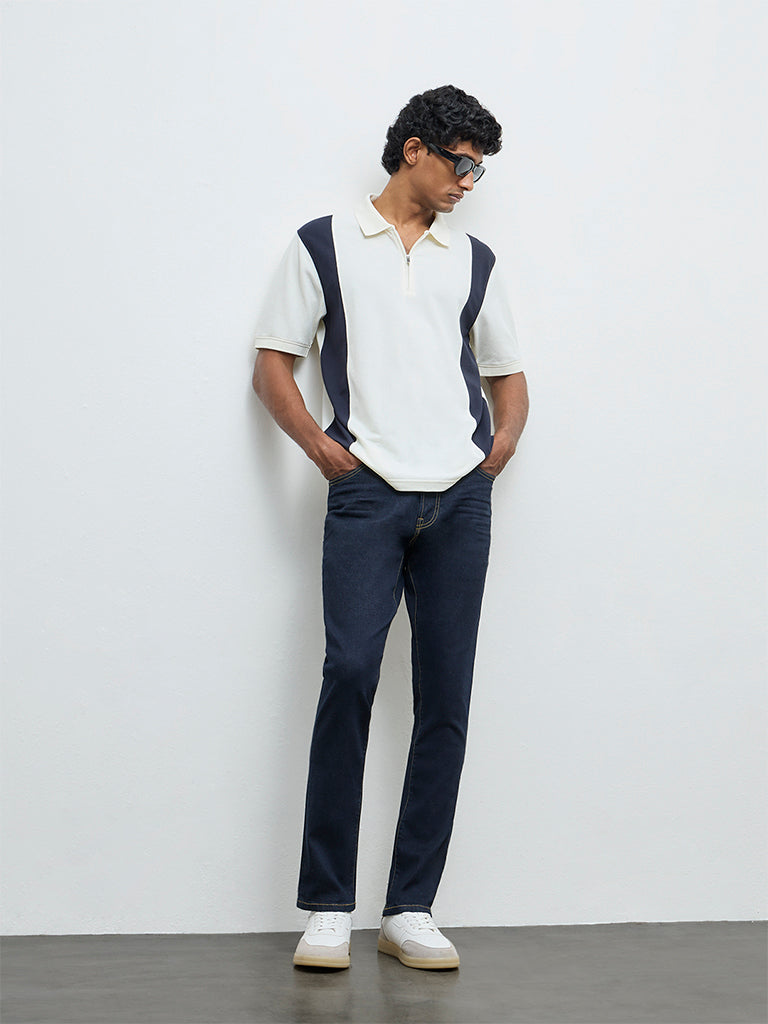 WES Casuals Navy Relaxed-Fit Cotton-Blend Quarter-Zip Polo T-Shirt