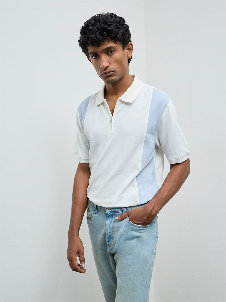 WES Casuals Blue Relaxed-Fit Cotton-Blend Quarter-Zip Polo T-Shirt
