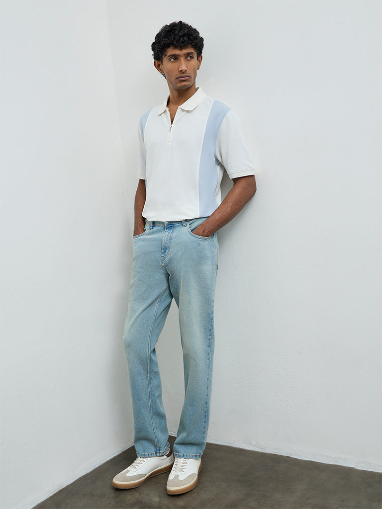 WES Casuals Blue Relaxed-Fit Cotton-Blend Quarter-Zip Polo T-Shirt