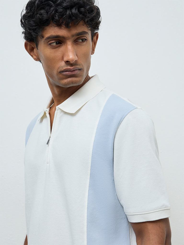 WES Casuals Blue Relaxed-Fit Cotton-Blend Quarter-Zip Polo T-Shirt