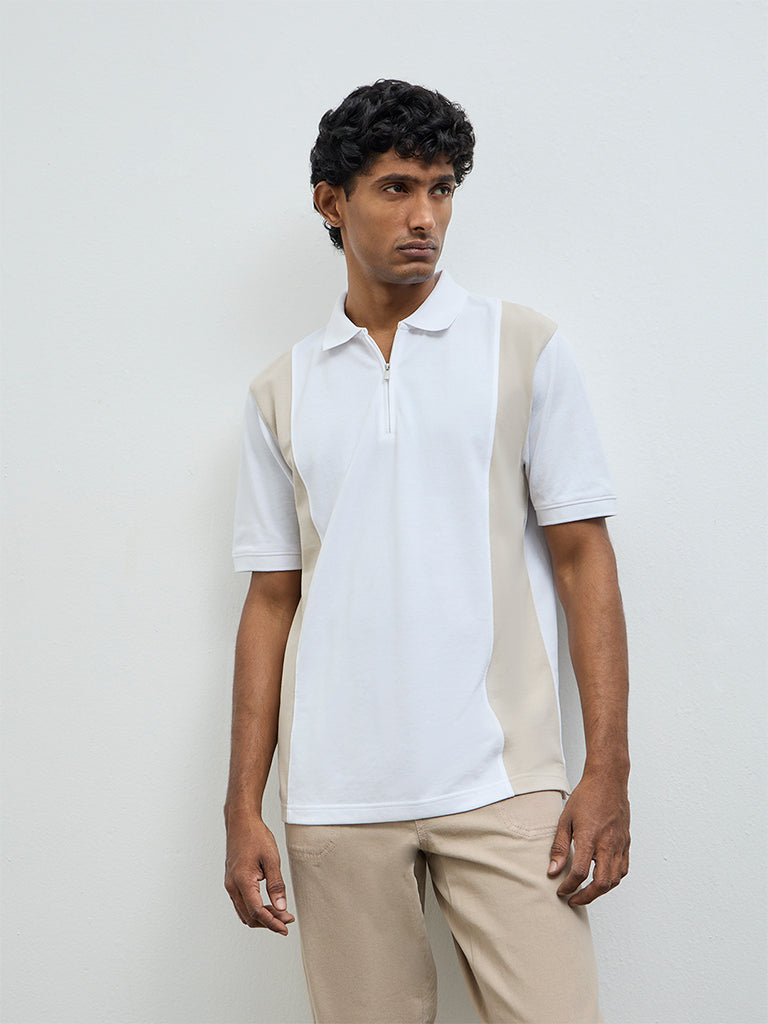 WES Casuals Taupe Relaxed-Fit Cotton-Blend Quarter-Zip Polo T-Shirt