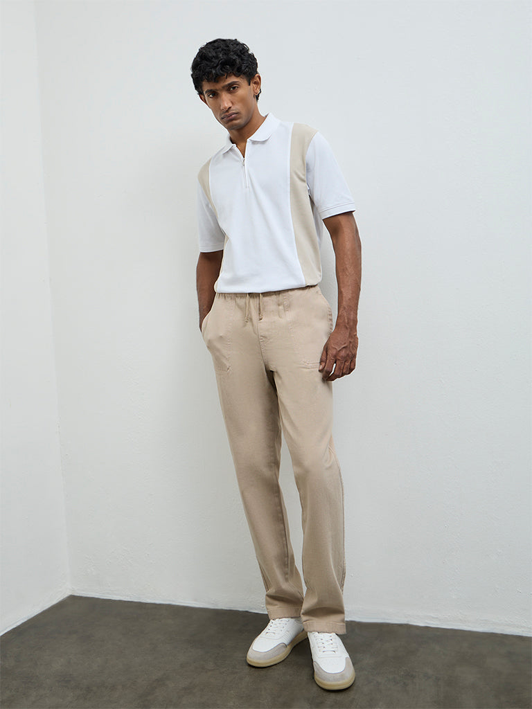 WES Casuals Taupe Relaxed-Fit Cotton-Blend Quarter-Zip Polo T-Shirt