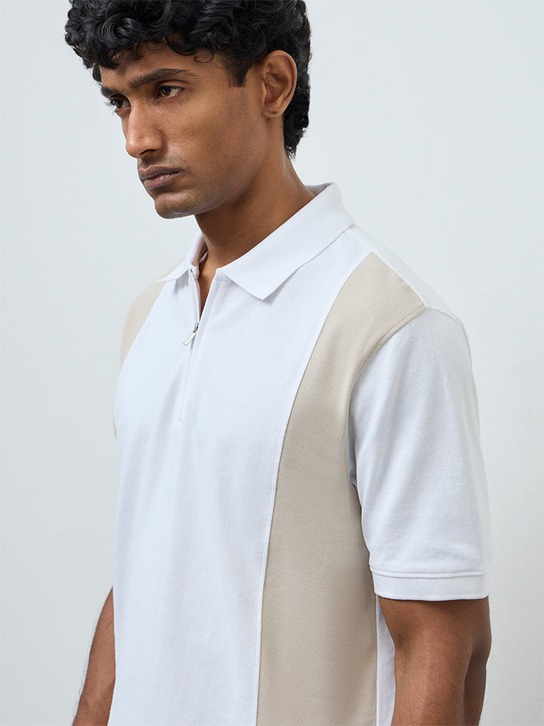 WES Casuals Taupe Relaxed-Fit Cotton-Blend Quarter-Zip Polo T-Shirt