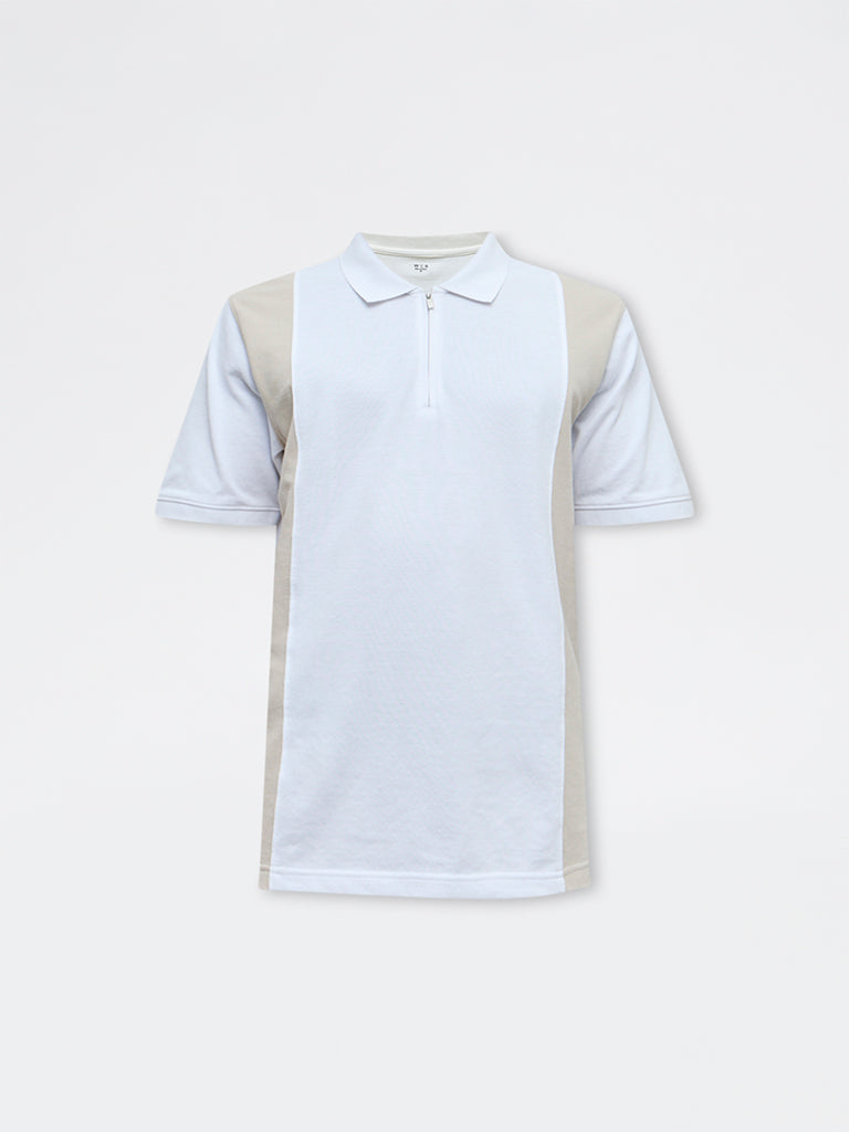 WES Casuals Taupe Relaxed-Fit Cotton-Blend Quarter-Zip Polo T-Shirt