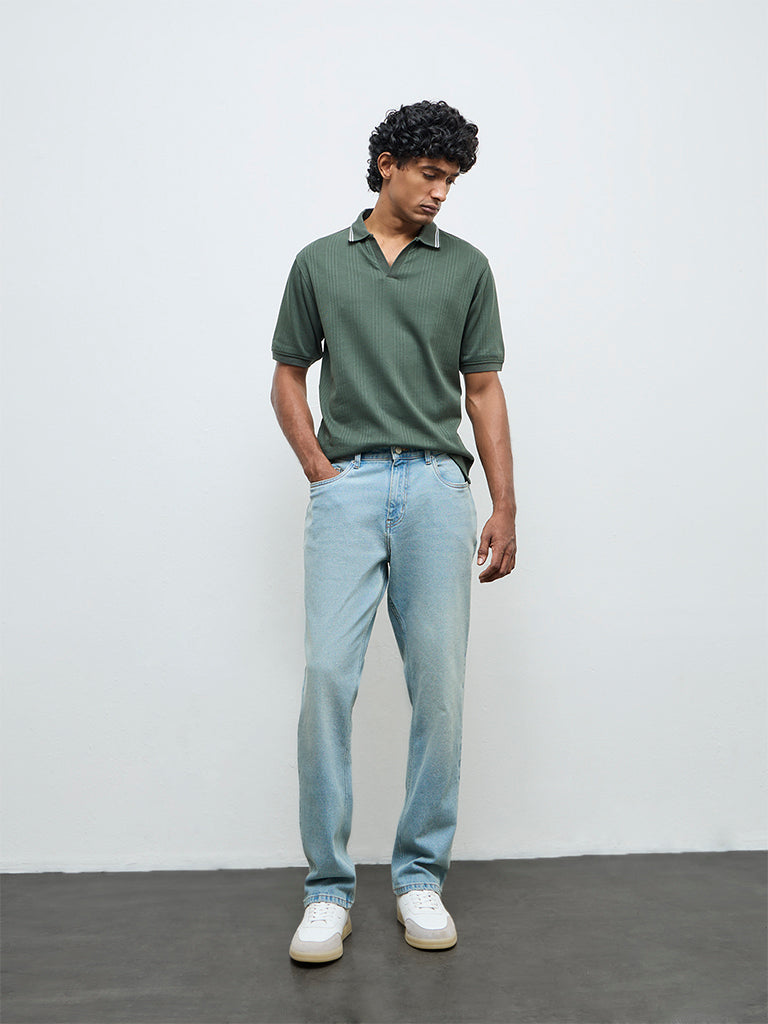 WES Casuals Green Textured Relaxed-Fit Cotton-Blend Polo T-Shirt