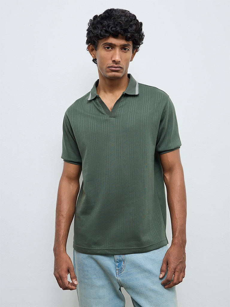 WES Casuals Green Textured Relaxed-Fit Cotton-Blend Polo T-Shirt