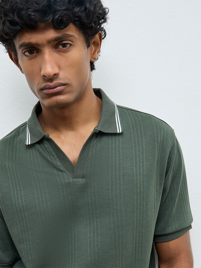 WES Casuals Green Textured Relaxed-Fit Cotton-Blend Polo T-Shirt