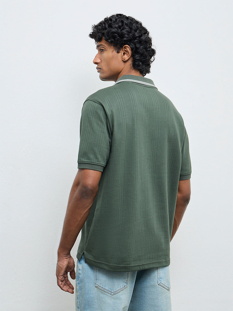 WES Casuals Green Textured Relaxed-Fit Cotton-Blend Polo T-Shirt