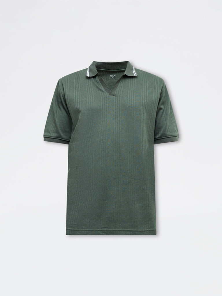 WES Casuals Green Textured Relaxed-Fit Cotton-Blend Polo T-Shirt