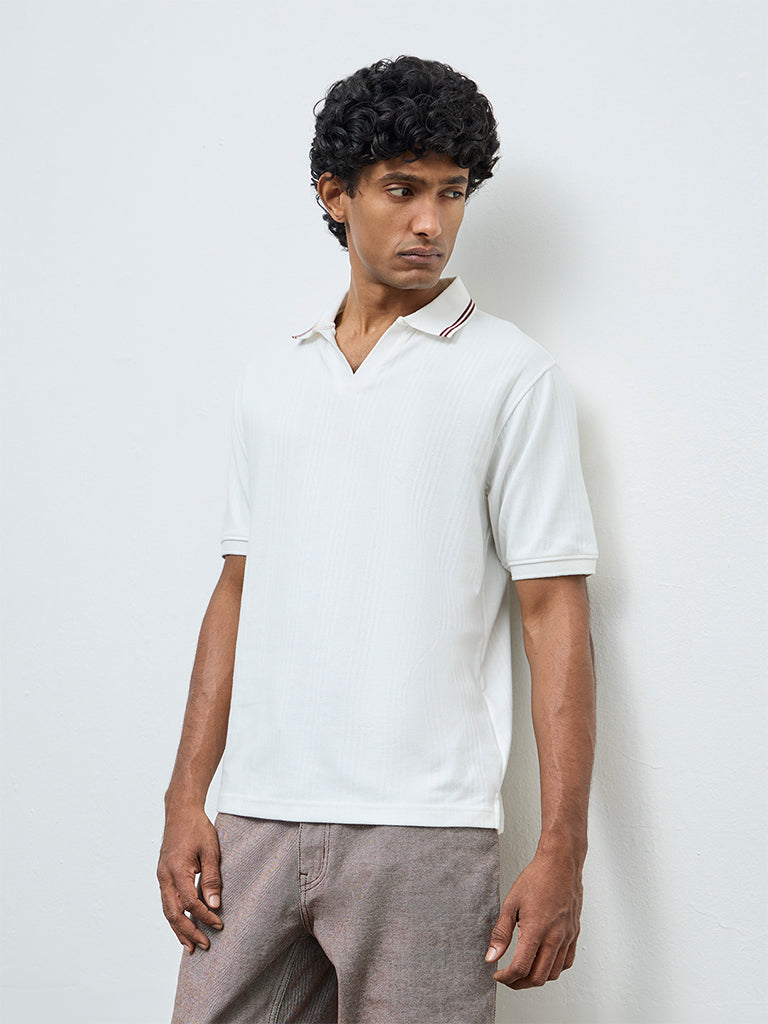 WES Casuals Off-White Textured Relaxed-Fit Cotton-Blend Polo T-Shirt