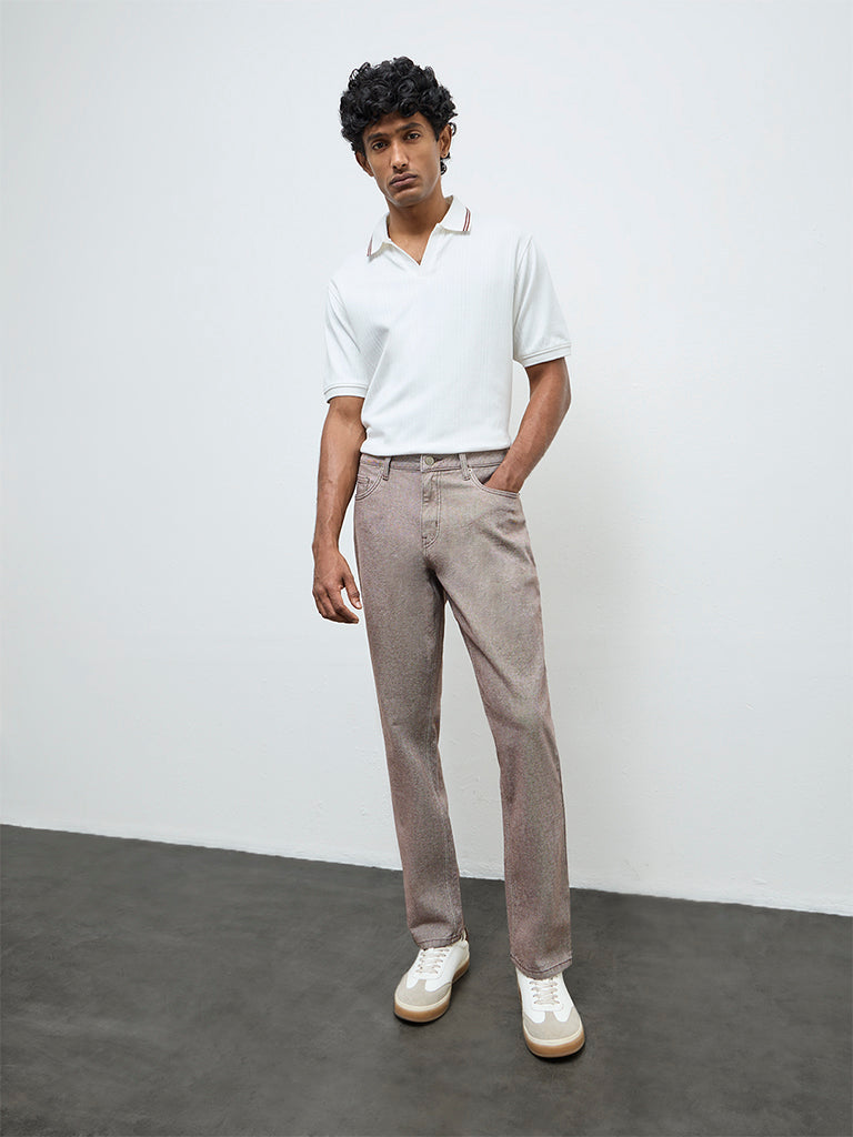 WES Casuals Off-White Textured Relaxed-Fit Cotton-Blend Polo T-Shirt