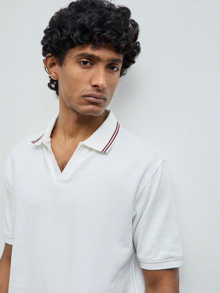WES Casuals Off-White Textured Relaxed-Fit Cotton-Blend Polo T-Shirt