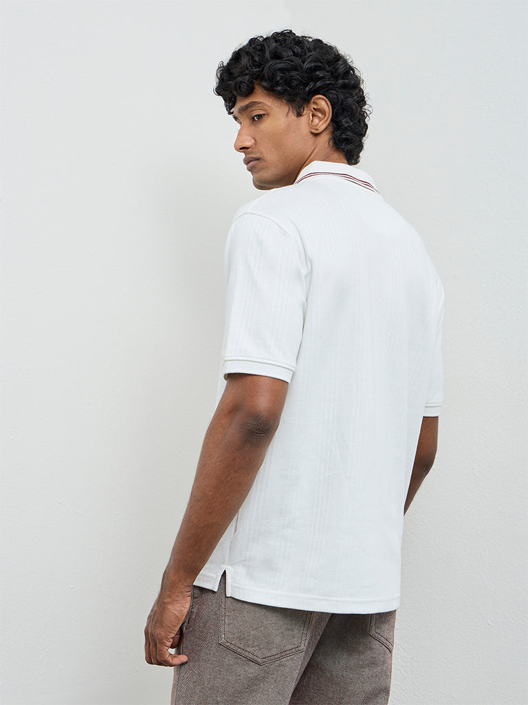 WES Casuals Off-White Textured Relaxed-Fit Cotton-Blend Polo T-Shirt