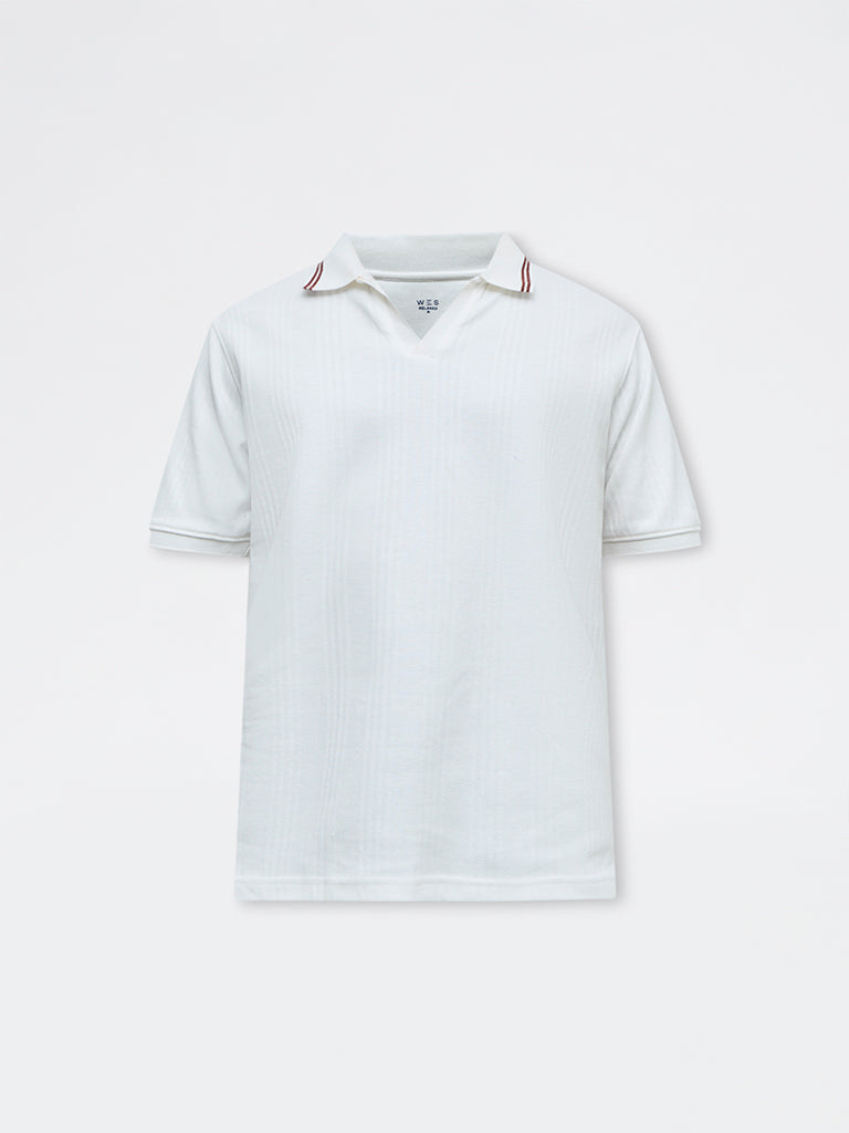 WES Casuals Off-White Textured Relaxed-Fit Cotton-Blend Polo T-Shirt