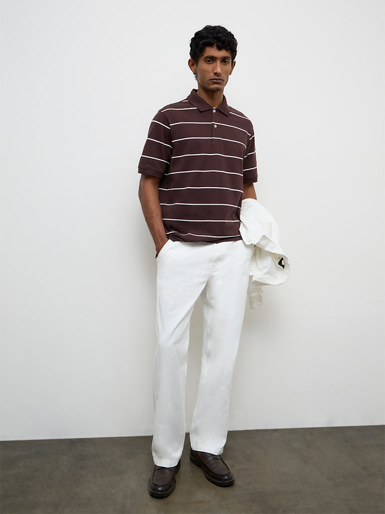 WES Casuals Dark Brown Striped Relaxed-Fit Cotton Polo T-Shirt