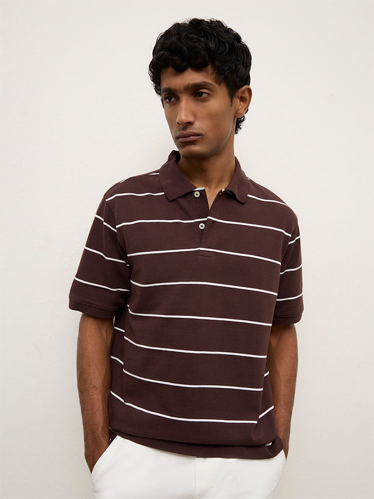WES Casuals Dark Brown Striped Relaxed-Fit Cotton Polo T-Shirt