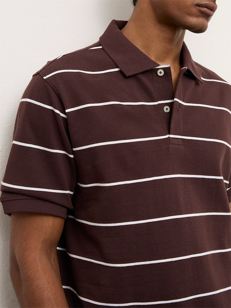 WES Casuals Dark Brown Striped Relaxed-Fit Cotton Polo T-Shirt