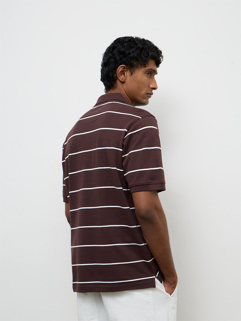 WES Casuals Dark Brown Striped Relaxed-Fit Cotton Polo T-Shirt
