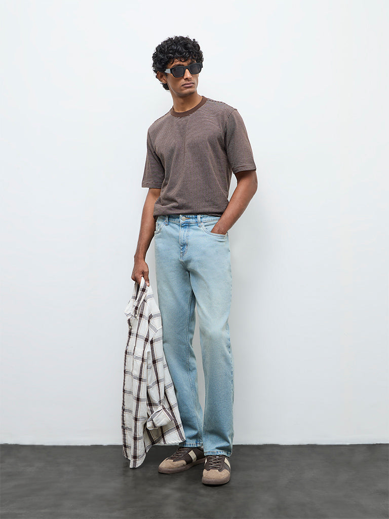 WES Casuals Dark Brown Striped Relaxed Fit Cotton T-Shirt
