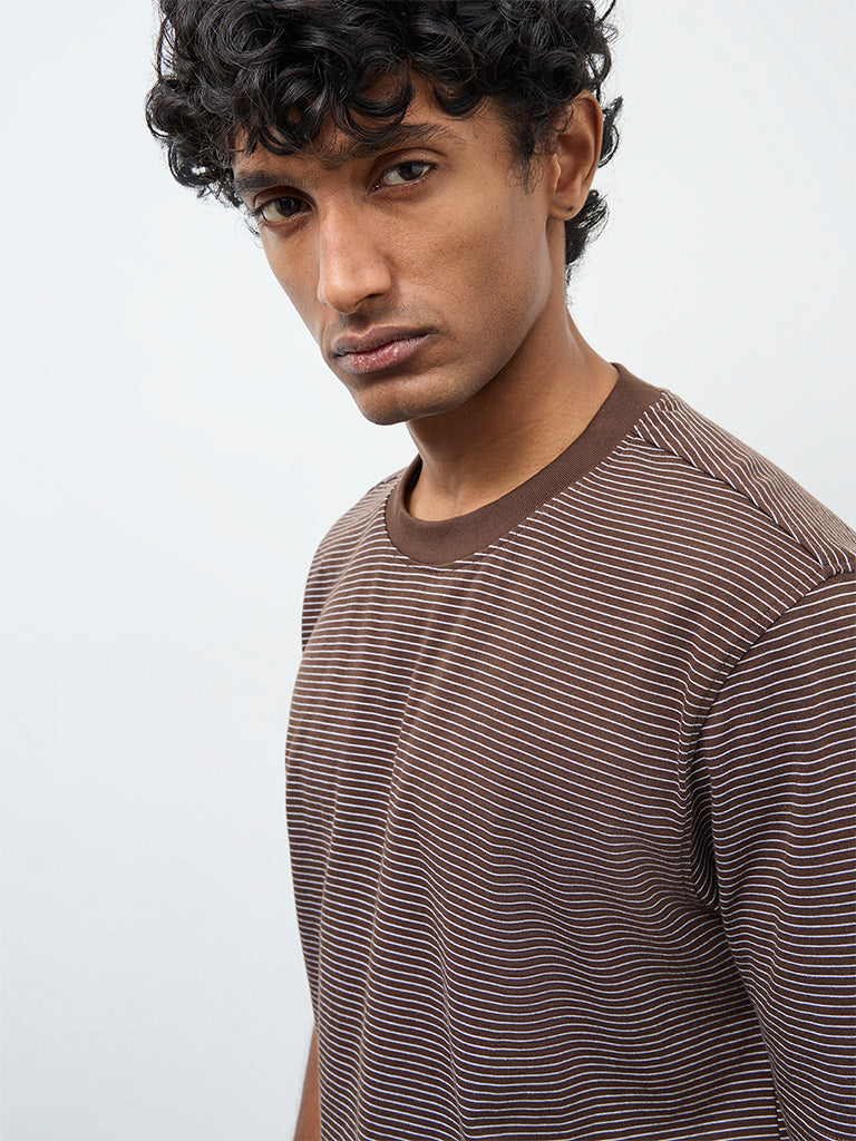 WES Casuals Dark Brown Striped Relaxed Fit Cotton T-Shirt