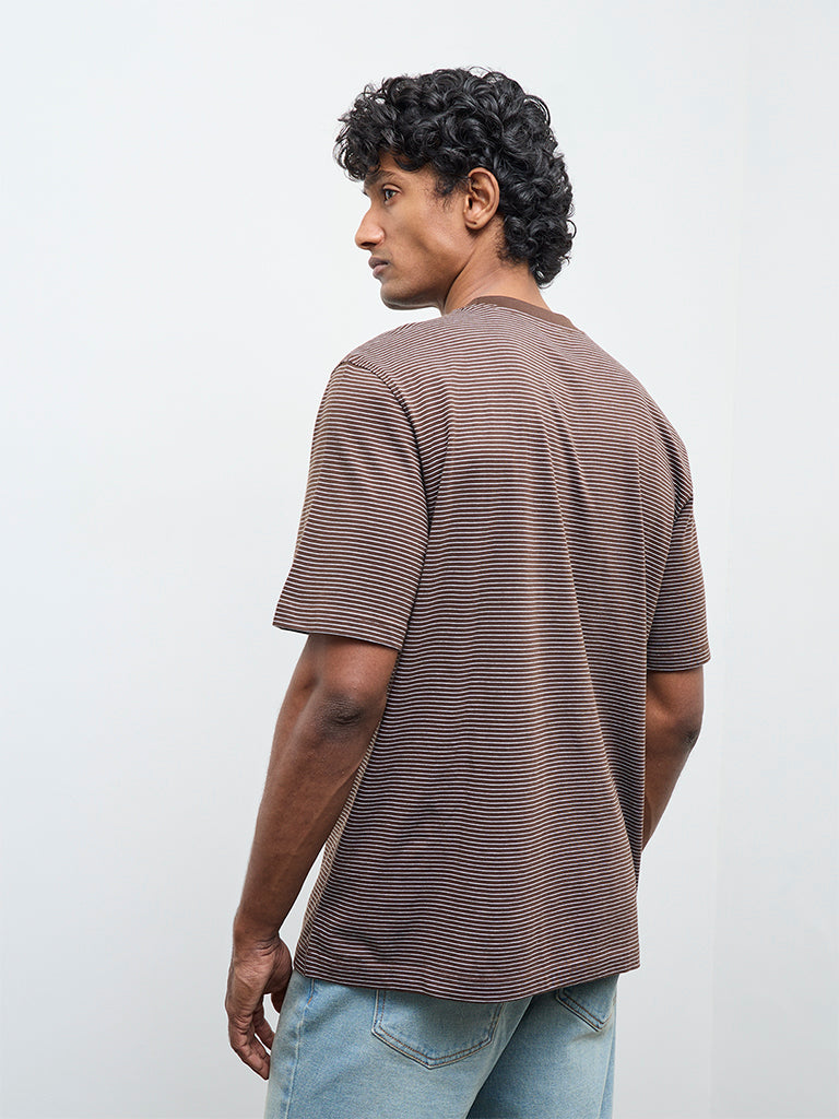WES Casuals Dark Brown Striped Relaxed Fit Cotton T-Shirt