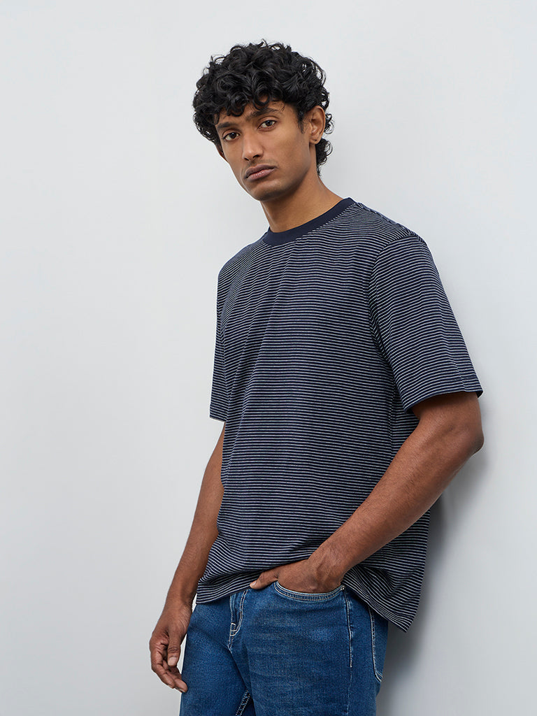 WES Casuals Navy Striped Relaxed Fit Cotton T-Shirt
