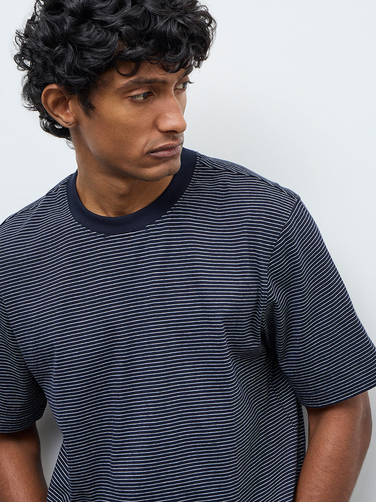 WES Casuals Navy Striped Relaxed Fit Cotton T-Shirt