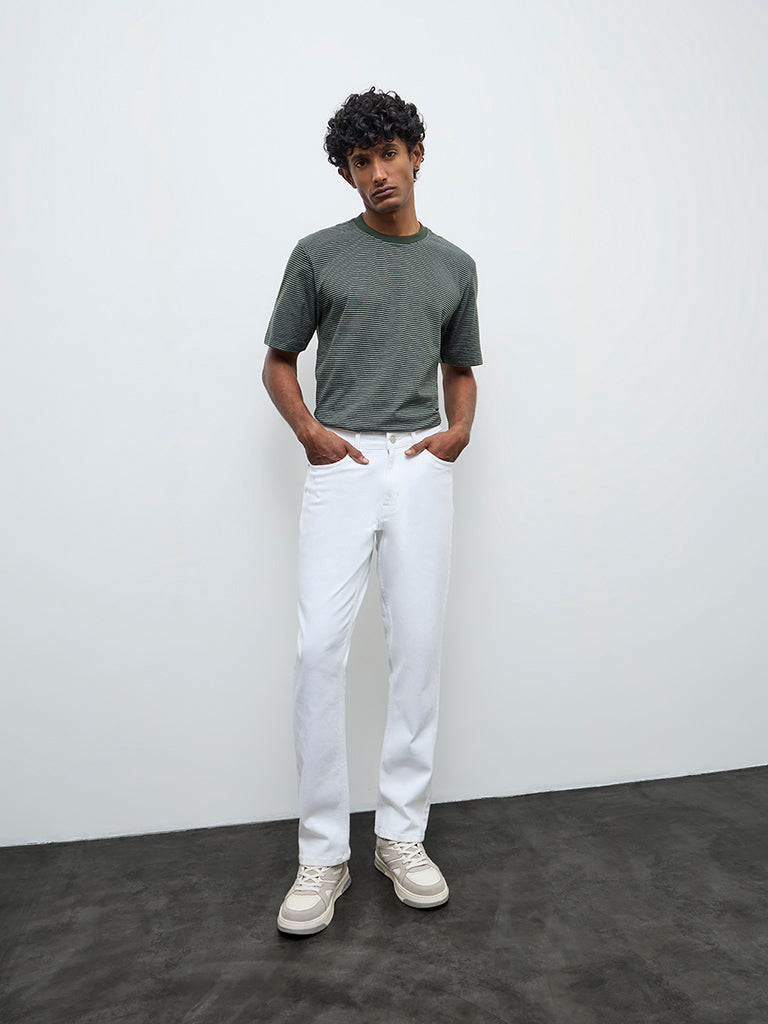 WES Casuals Dark Green Striped Relaxed Fit Cotton T-Shirt