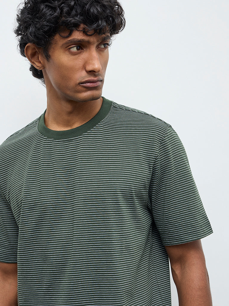 WES Casuals Dark Green Striped Relaxed Fit Cotton T-Shirt