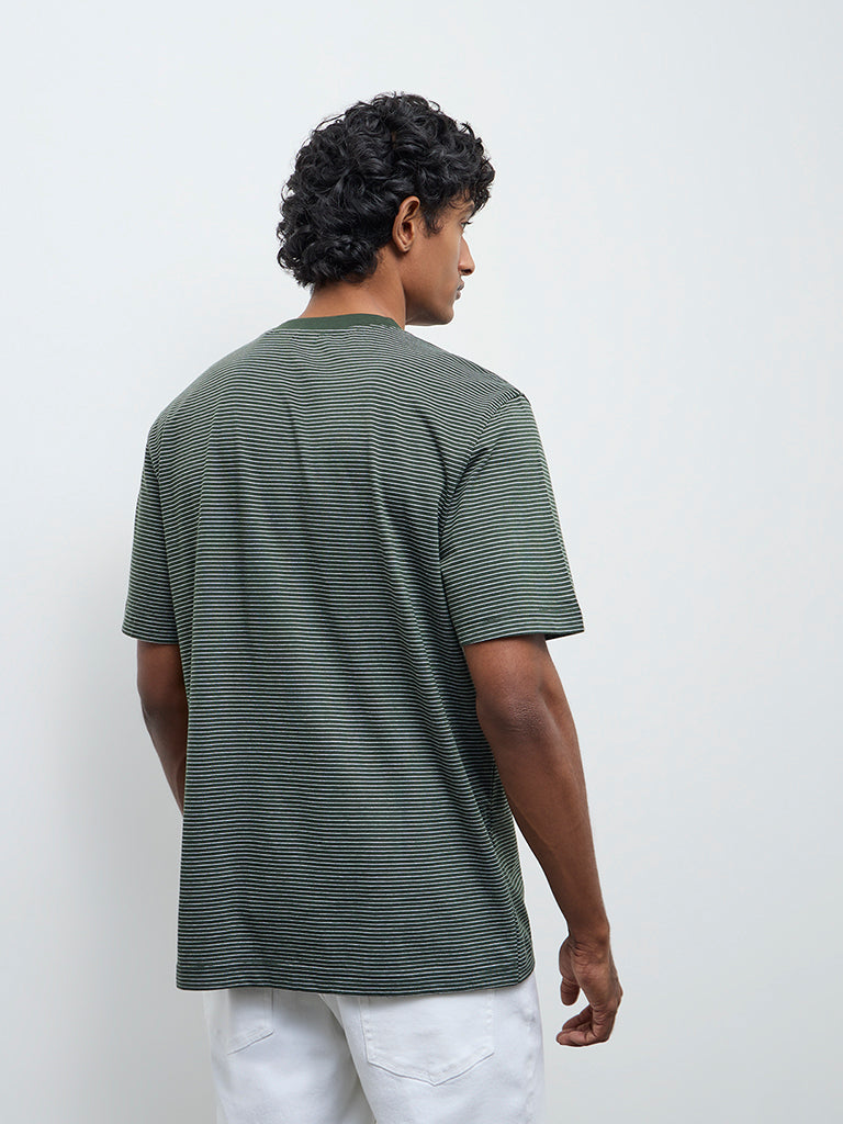 WES Casuals Dark Green Striped Relaxed Fit Cotton T-Shirt