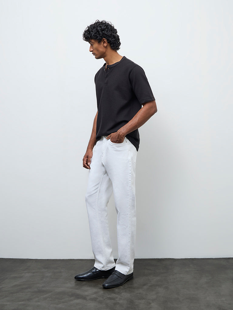 WES Casuals Black Textured Relaxed Fit Cotton-Blend T-Shirt