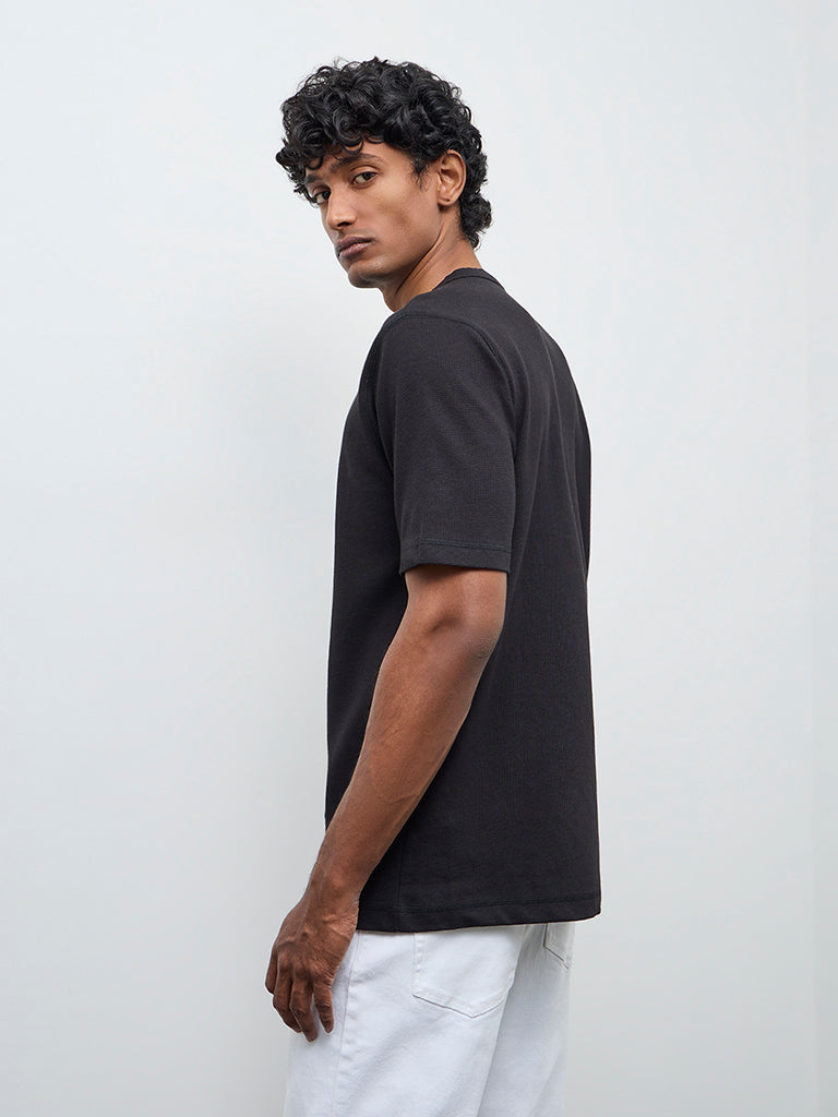 WES Casuals Black Textured Relaxed Fit Cotton-Blend T-Shirt