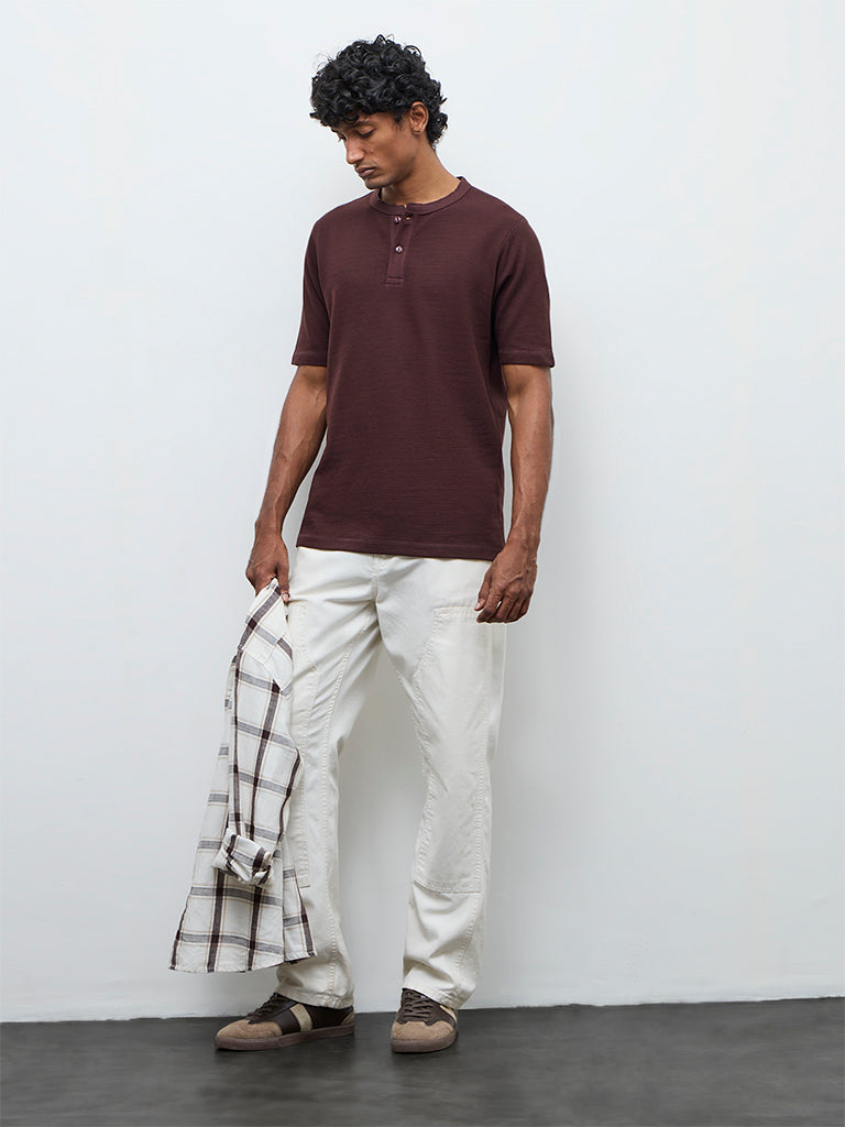 WES Casuals Dark Brown Textured Relaxed Fit Cotton-Blend T-Shirt
