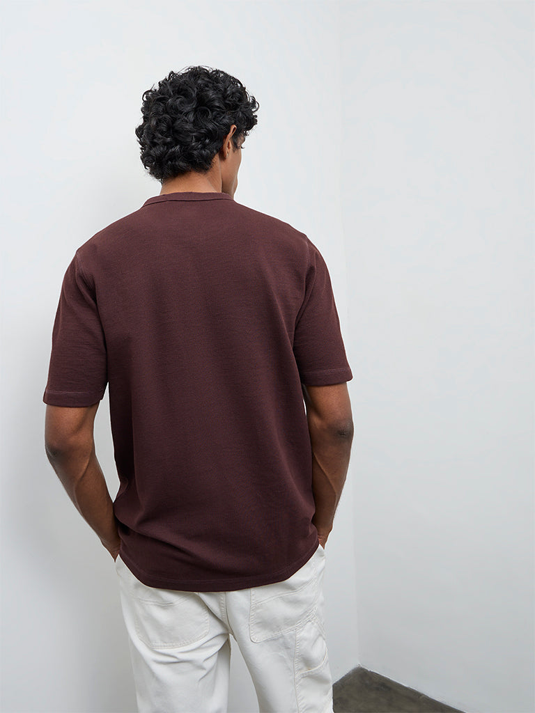 WES Casuals Dark Brown Textured Relaxed Fit Cotton-Blend T-Shirt