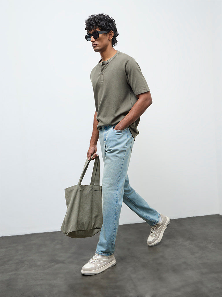 WES Casuals Olive Textured Relaxed Fit Cotton-Blend T-Shirt
