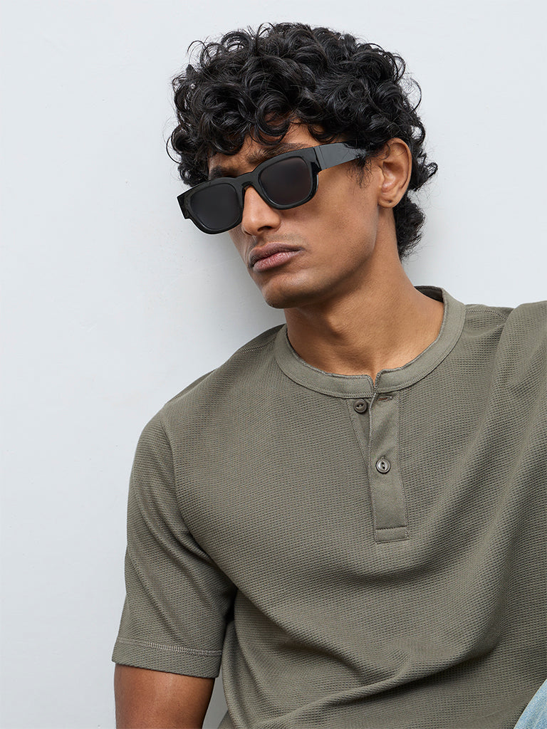 WES Casuals Olive Textured Relaxed Fit Cotton-Blend T-Shirt